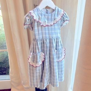 sal&pimenta Grey & white plaid dress with White and red trimmed ruffles, size 4T